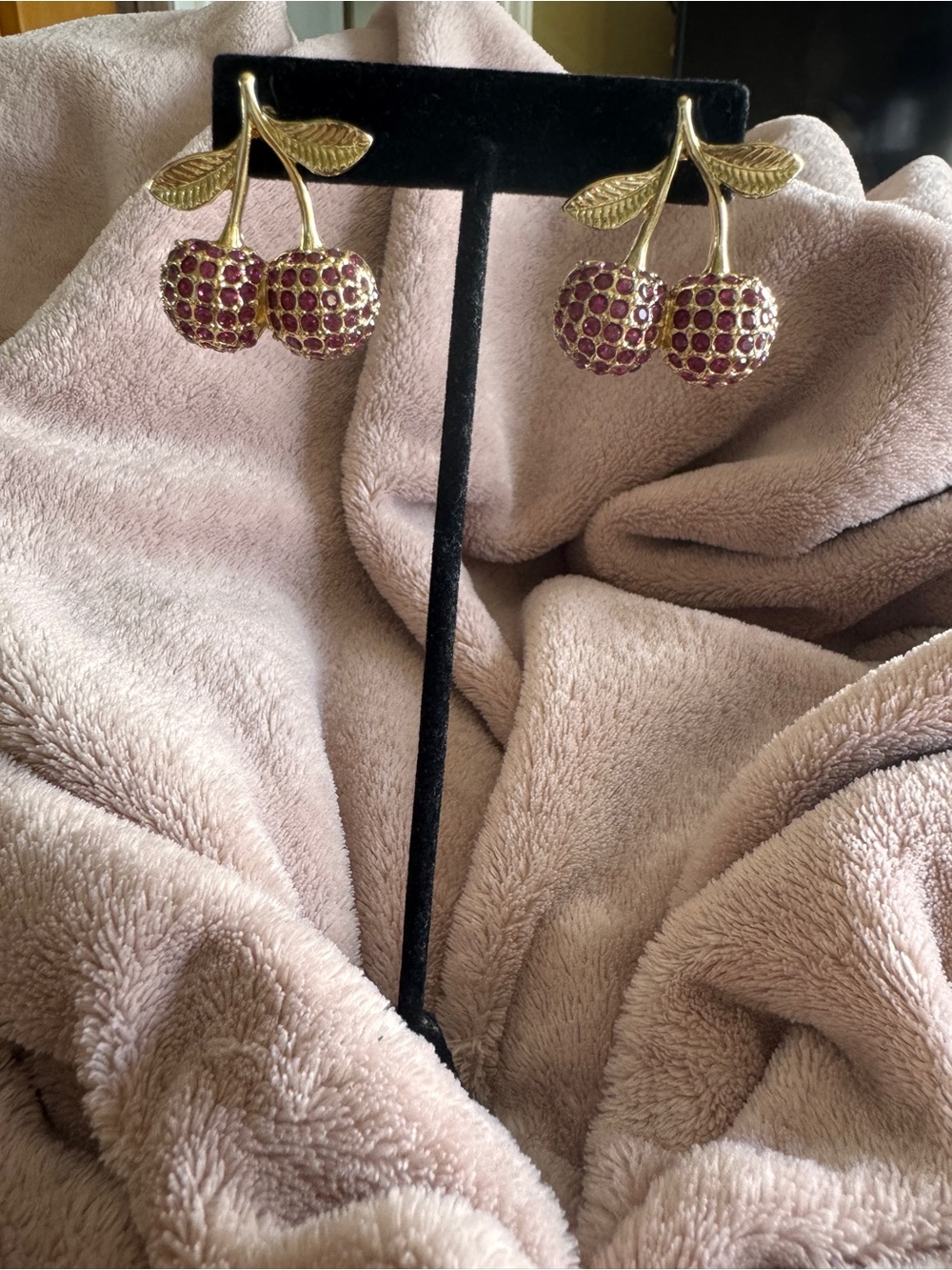 Gold Cherry Crystal Drop Earrings - Pink Crystal Accents